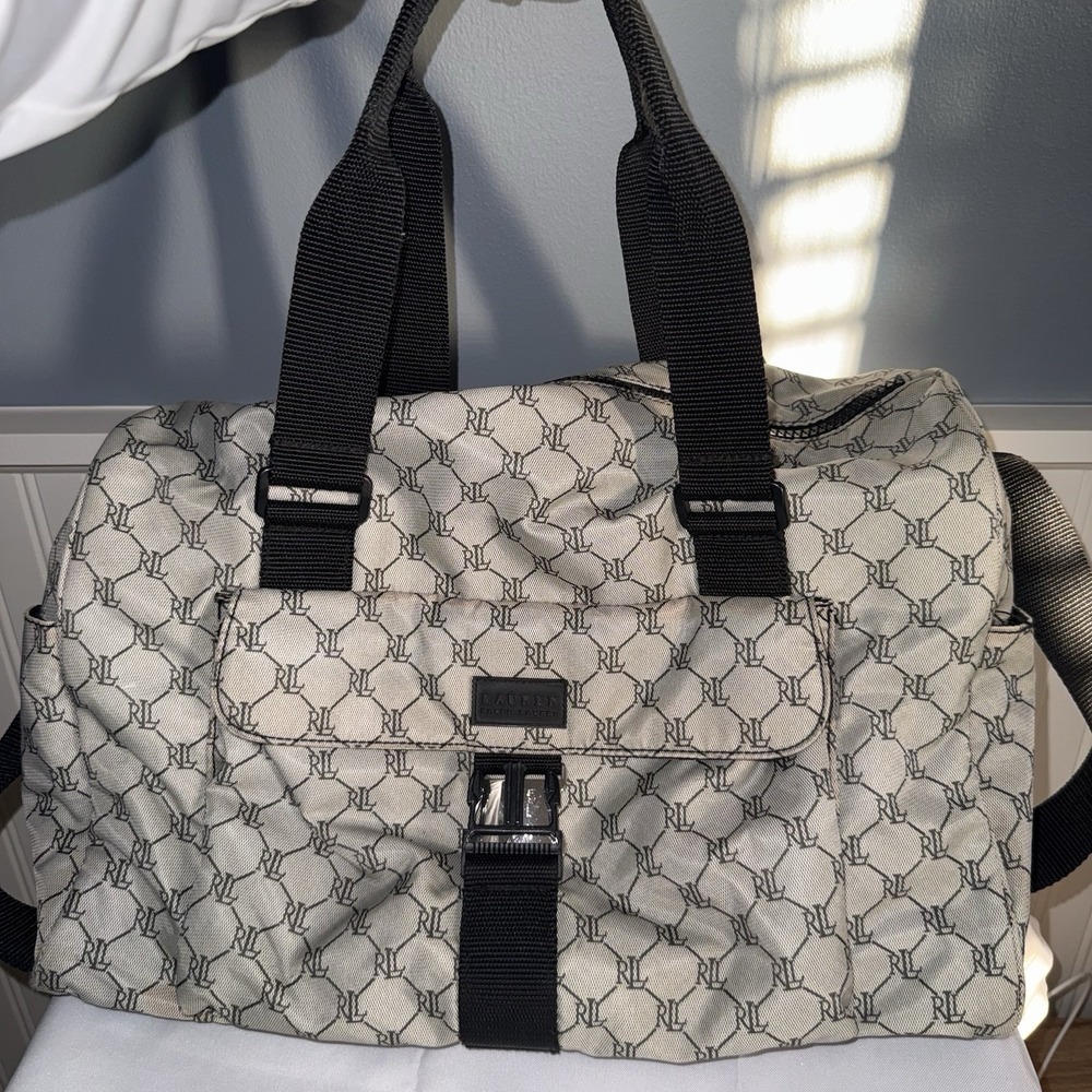 Lauren Ralph Lauren Signature Monogram Shoulder Bag Purse Tote Travel Gray Black